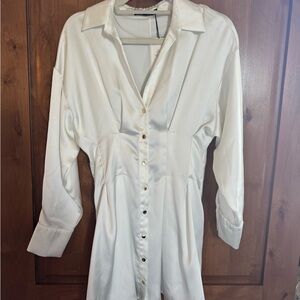 Zara Cream Button-Front Collared Shirt Dress